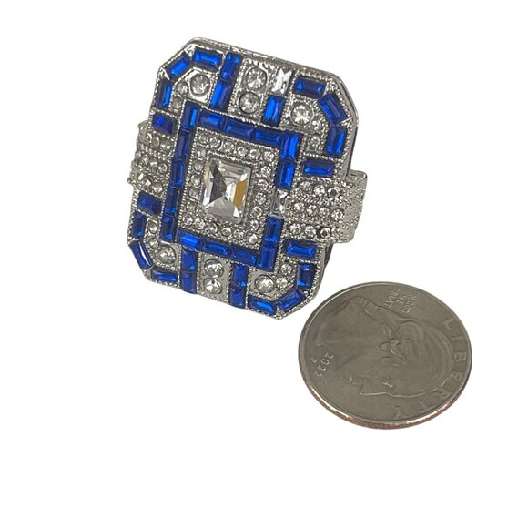 Art Deco Style Silver & Blue Statement Ring With Crystal Accents - Picture 7 of 11
